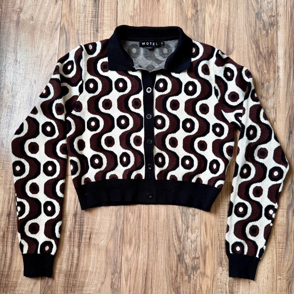 Motel Rocks Black and Brown Cardigan with Bold Pattern Small Knit Sweater